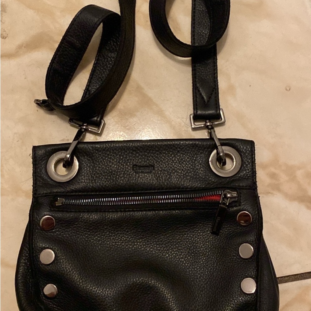 Hammitt Black Leather Crossbody Bag with Silver Accents